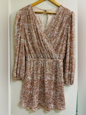 Heartloom Rose Gold Sequin Wrap Top Dress Medium